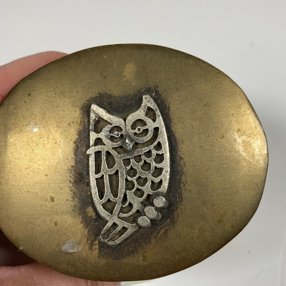 Vintage Brass Oval Trinket Box Filigree Owl Hinged Lid Patinated Rustic Decor